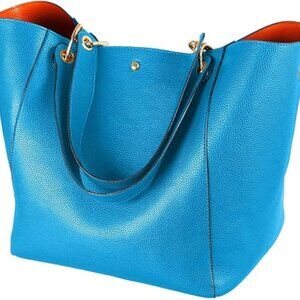 ⚡ Women's Light Blue Large Leather Big Bucket Crossbody Travel Tote Bag